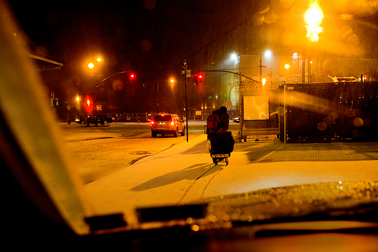 Homeless Man Snowy Night : West Side Highway : NYC