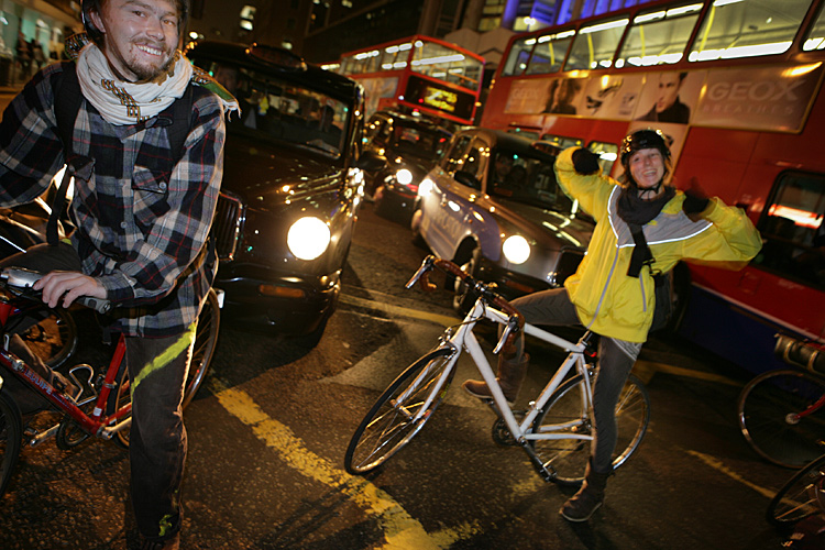 Critical Mass Riders block the Road : Marble Arch : Central London : UK