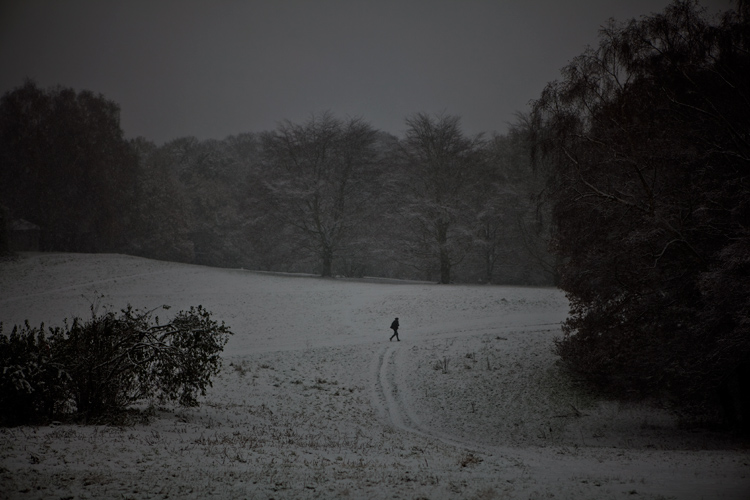 Jogging in the Snow : Hampstead Heath North London : UK