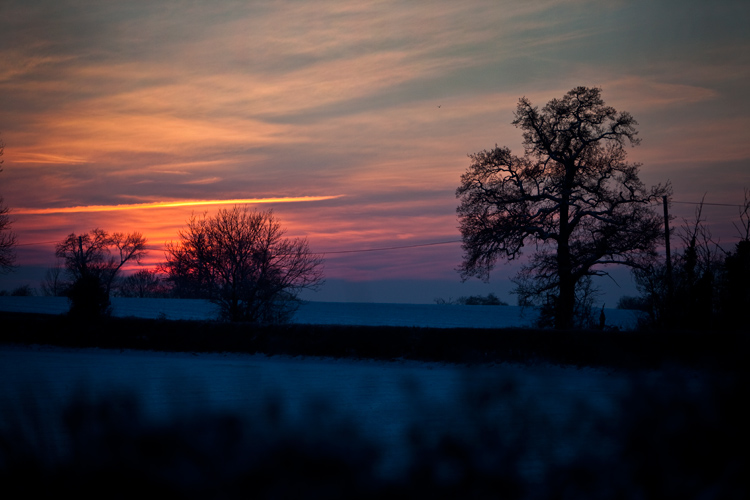 Sunset over Fields of Snow in Warwickshire : Midlands : UK