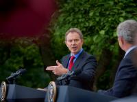 Smoking Gun Prime Minister Tony Blair with President Bush : White House Rose Garden : DC