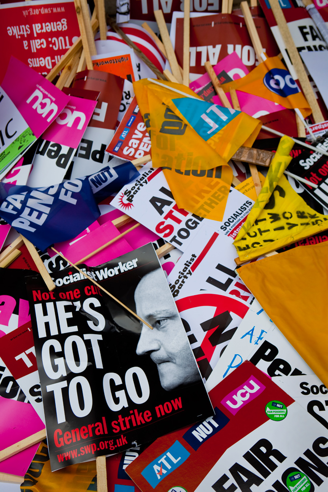 Strike  Banners on Public Sector Pension Protest : Parliament Sq : London